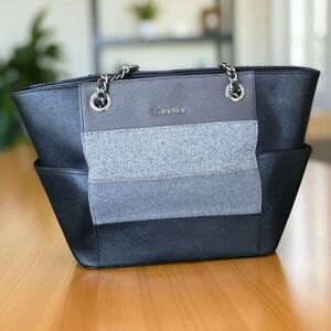 Calvin Klein Black and Gray Tote with Chain Accents